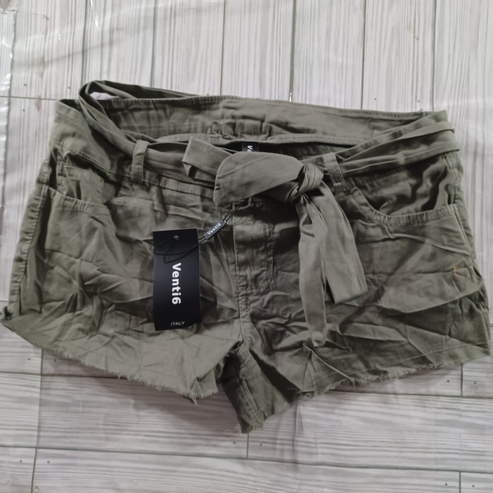 Venti6 Italy Womens Olive Green Tie Waist Frayed Hem Cotton Shorts Large ART1615